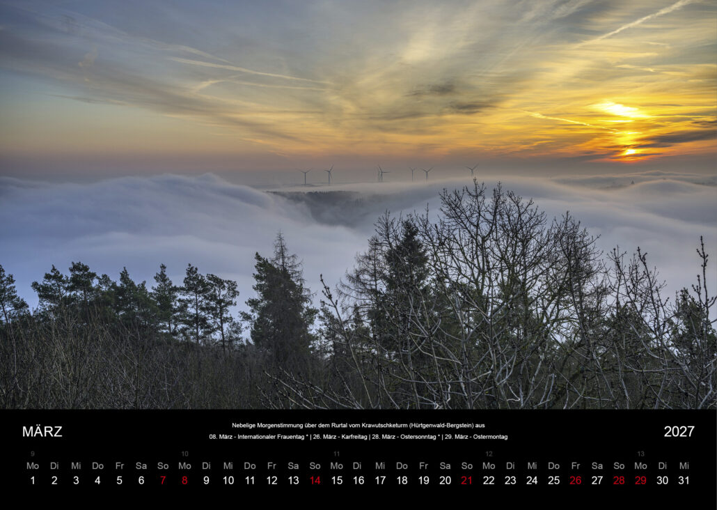 Nebelige Morgenstimmung über dem Rurtal vom Krawutschketurm (Hürtgenwald-Bergstein) aus