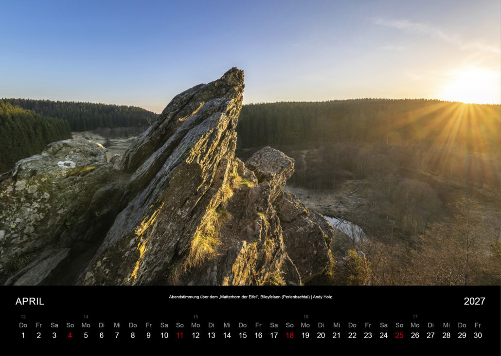 Abendstimmung über dem „Matterhorn der Eifel“, Bileyfelsen (Perlenbachtal)